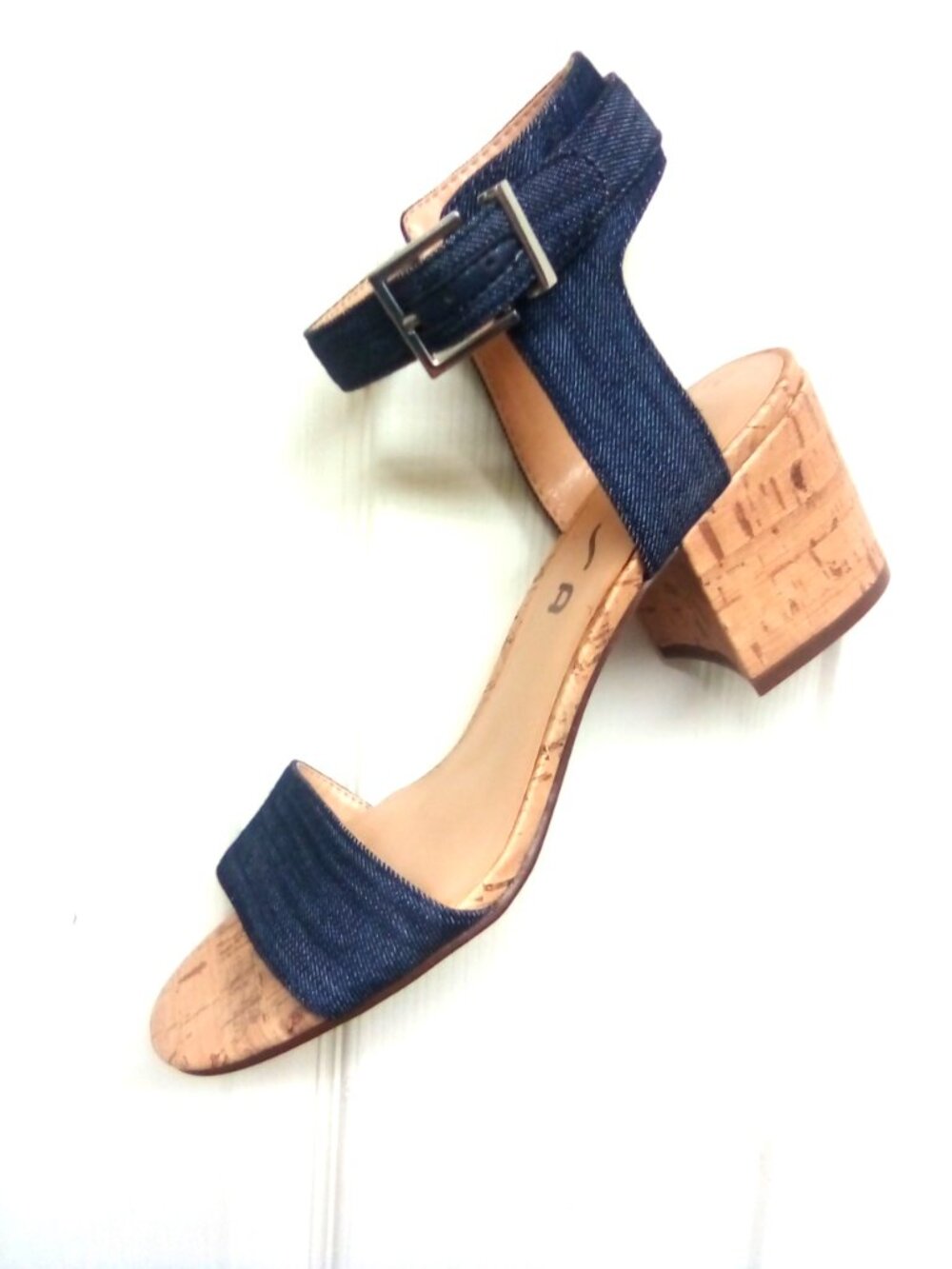 Denim Cork Wedge Sandals with Ankle Buckle size 8